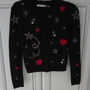Alice + Olivia Black Cardigan with Red and Gold Accents